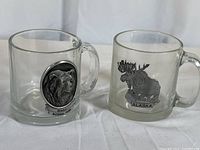 Photo showing two glass mugs side by side, one with a moose emblem labeled Alaska and one with a bear emblem labeled Denali National Park.