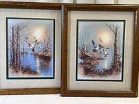 Both framed prints shown side by side against a light wall, highlighting the matching frames and similar woodland duck scenes.