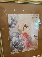 Square portrait print of swallows with pink chrysanthemum and grey foliage in gold bamboo-style frame