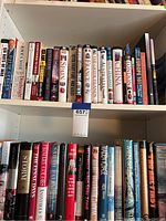 Partial view of a single shelf including historical, political, travel related titles along with classic literature and leather bound books.