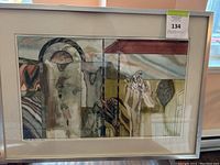 Framed abstract print featuring geometric and organic shapes in muted earthy colors, signed and dated 1965.