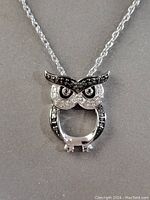 Close-up of the owl pendant showcasing the detailed black and clear stone accents on polished sterling silver.