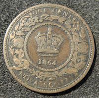 Reverse side showing the crown, date 1864, floral wreath, and inscriptions 'ONE CENT NOVA SCOTIA'.