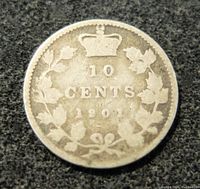 Photo of the reverse side of the 1901 Canadian 10 cents sterling silver coin, showing crown, denomination, and date with a wreath design.