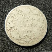 Reverse side with 25 cents denomination, maple leaf wreath, crown, and year 1908