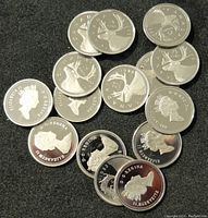 Top view of various Canadian 25 cents proof coins displaying obverse with Queen Elizabeth II and reverse with caribou design.