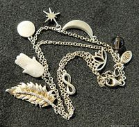 Photo of the signature charm bracelet with visible multiple silver-tone charms and black bead on a dark background.