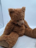 Full view of seated large brown plush teddy bear with extended limbs showing general condition and size.