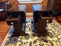 Pair of Ethan Allen pine drop leaf side tables each with a side drawer opened, showing the interior space and white knob.