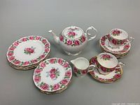 Full set showing teapot, creamer, luncheon and dessert plates, teacups, and saucers arranged for overall view.