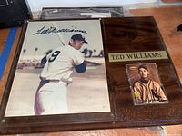 Ted Williams plaque with signed 8x10 photo, nameplate and baseball card on wood backing