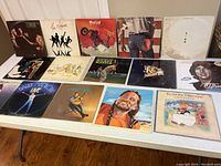 Photo showing majority of the 15 vinyl record albums laid out on a table, displaying album covers; covers visibly worn.