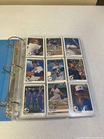 Photo showing nine baseball cards of Montreal Expos players in plastic sleeve inside blue binder.