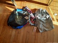 Four Betsey Johnson purses arranged on a hardwood floor showing the variety in style and color.