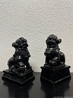 Pair of black carved Foo Dog statues on black surface against textured wall, showing full front and side views