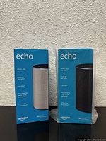 Front view of two boxed Amazon Echo devices against a wall, one beige and one black, labeled Echo and Amazon with key feature highlights.