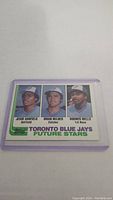 Topside image of the 1982 Topps Toronto Blue Jays Future Stars baseball card featuring Jesse Barfield, Brian Milner, and Boomer Wells, inside a protective sleeve.