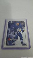 Photo showing the hockey card of Mitch Marner in Toronto Maple Leafs uniform.
