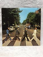 Front cover of The Beatles Abbey Road album showing the iconic photo of the band crossing the street on Abbey Road.