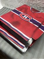 Two thick binders with Montreal Canadiens jersey style covers stacked on a bed.