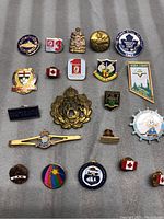 Full display of 21 buttons and pins including flags, corporate logos, military symbols and commemorative designs