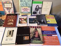 Top view of tub showing multiple books including Wealthy and Wise, Native Peoples of the Northwest Coast, Water for Elephants, and Nonprofit Sustainability.