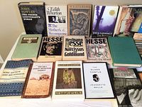 Photo of 15 hardcover and paperback books arranged in two rows, showing titles and authors for identification.