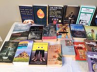 Top view of books including novels and travel guides.