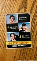 Front of vintage 1972-73 O-Pee-Chee hockey card #283 showing NHL assists leaders Bobby Orr, Phil Esposito, and Jean Ratelle with photos and ranking.