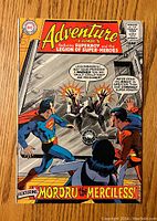 Front cover of Adventure Comics #369 featuring Superboy, Legionnaires, and the villain Mordru the Merciless.
