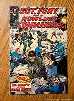 Front cover of Sgt. Fury and His Howling Commandos #59 showing soldiers in WWII battle scene with parachutes and guns.