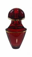 Front view of vintage red glass Samsara Eau de Toilette bottle by Guerlain with dome cap and gold lettering.