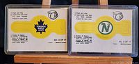 Two 1973-74 OPC NHL ring cards inserts showing Toronto Maple Leafs and Minnesota North Stars team logos, each in protective sleeves, numbered 3 and 5 of 17.