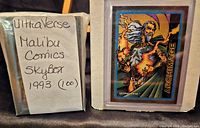 Photo showing labeled box mentioning Ultraverse Malibu Comics SkyBox 1993 set of 100 cards and a close-up of one card featuring Archimage character.