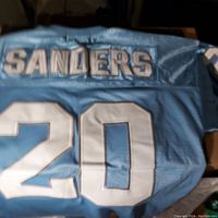 Photo of back of sports jersey showing name 'SANDERS' and number '20'.