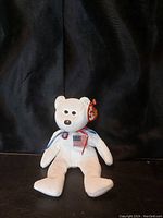 Front view of white $ LIBEARTY Beanie Baby with American flag embroidery, original TY tag attached to ear, sitting against black background.