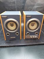 Front view of left and right Edirol stereo speakers showing wooden sides, front mesh grille on drivers, and control knobs on right speaker.