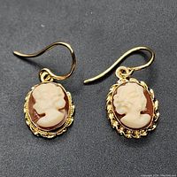 Front-facing photo showing detailed cameo faces and gold frames, highlighting the oval shape and profile carvings.