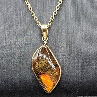 Close-up front view of ammolite pendant in gold setting
