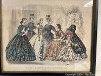 Framed colorized engraving featuring six women and a child in 1864 period fashion, well preserved with details of dresses, hats, and accessories.