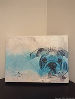 Frontal view of the canvas painting showing the dog's face in blue-gray and beige tones.