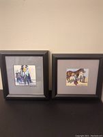 Two framed watercolor paintings by Shirley Hulley depicting Amish or Mennonite subjects, each approximately 5x5 inches, framed in black with grey mats.