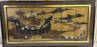 Full view of framed Asian gold reflective print of ship, showing entire artwork and frame.