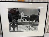 Full view of framed black and white photo print showing Carmichael Presbyterian Church with signature and date 1988.