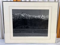 Framed black and white photo print showing full view of Mount Whitney and Lone Pine Peak with mat and frame.