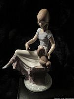 Front-left angle view of the Lladro figurine showing seated girl with puppy dog on lap, pastel colors, glossy finish, detailed sculpting on base.