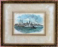 Framed etching under glass showing Toronto Harbour with boats and city skyline.