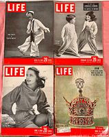 Four LIFE magazines from 1949 showing the full covers with various subjects including Mary Martin in South Pacific, children in costumes, a woman, and Iran's royal crown.