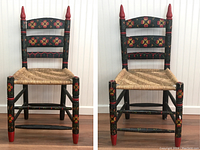 Front views of two vintage Mexican side chairs showing black wooden frames with hand-painted red and yellow floral designs on the backrest, legs, and finials, featuring woven rush seats.