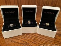 Three Pandora charms in individual white boxes lined with black fabric